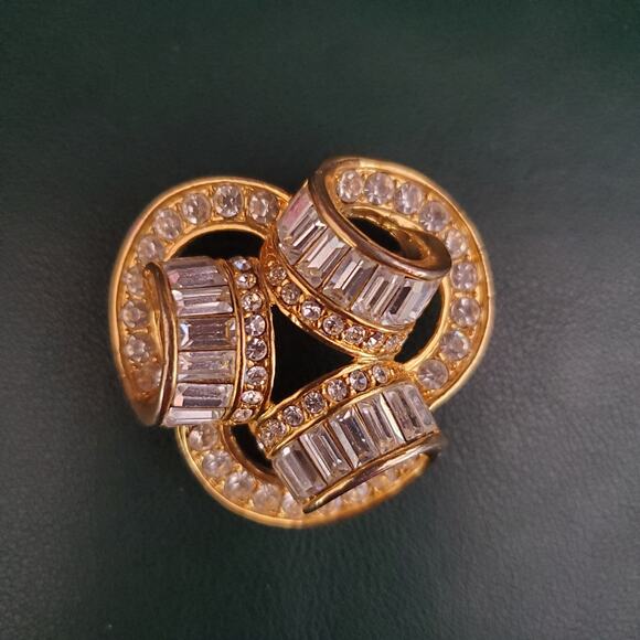 Triple Coil Brooch Gold Tone with Baguette and Round Rhinestones Bling Statement - Picture 1 of 10